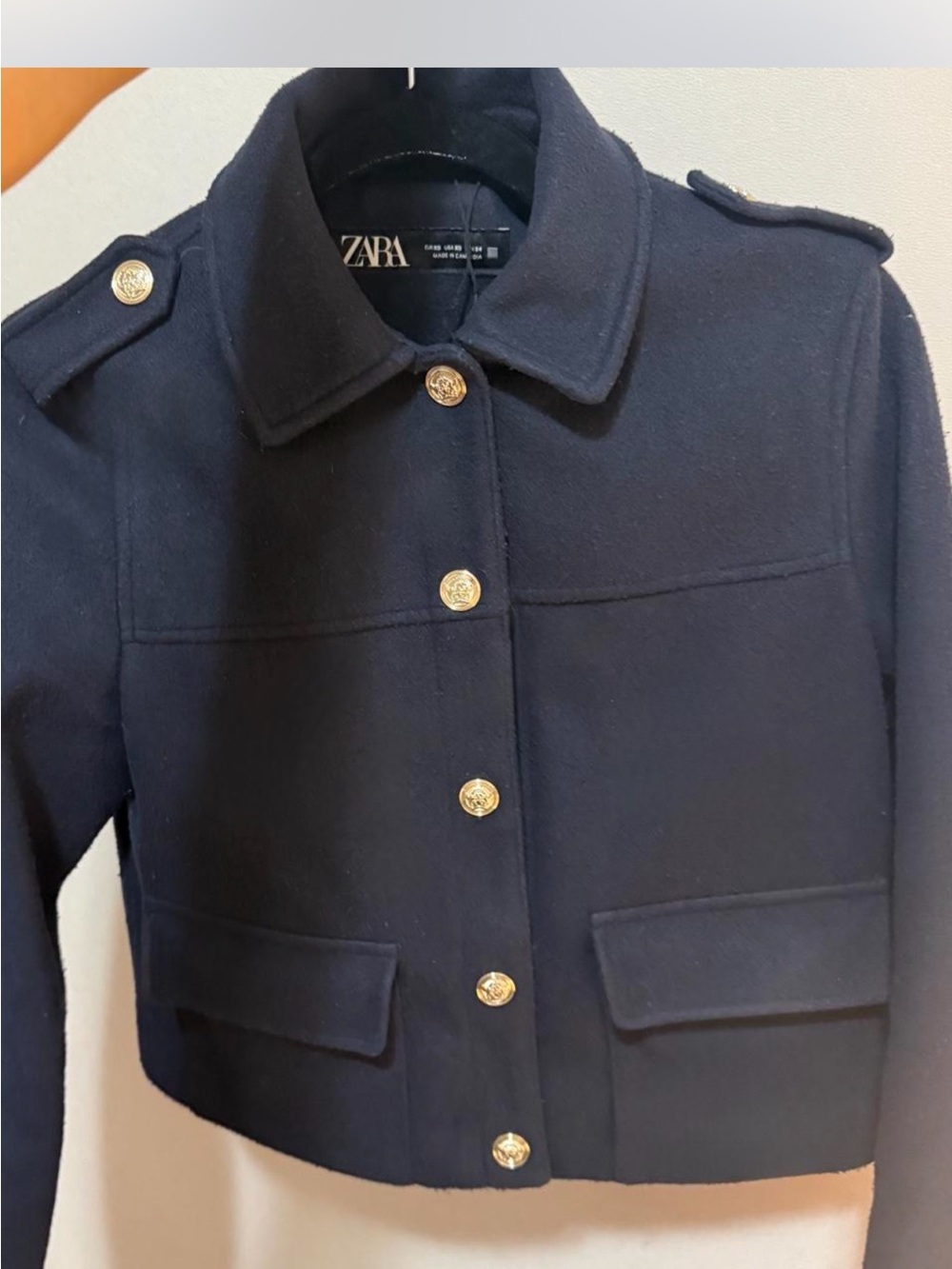ZARA Dark Navy Military-Style Cropped Jacket with Silver Buttons